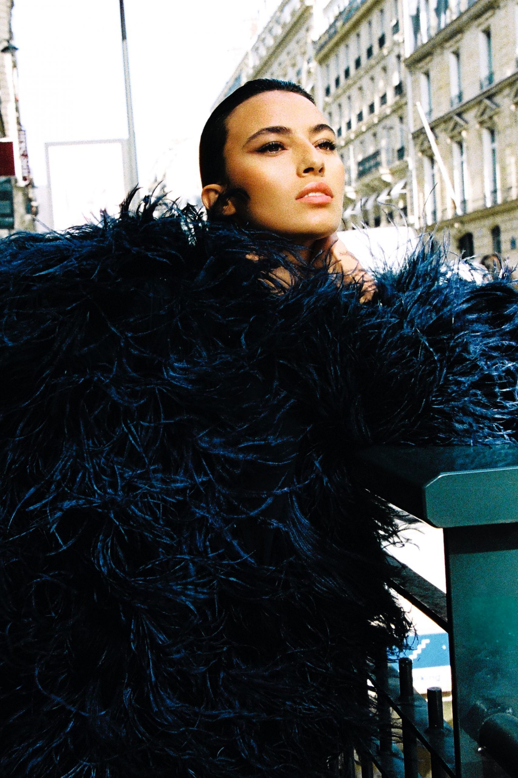 Statement Feather Coat in Dark Navy — Dark Feminine Outfits