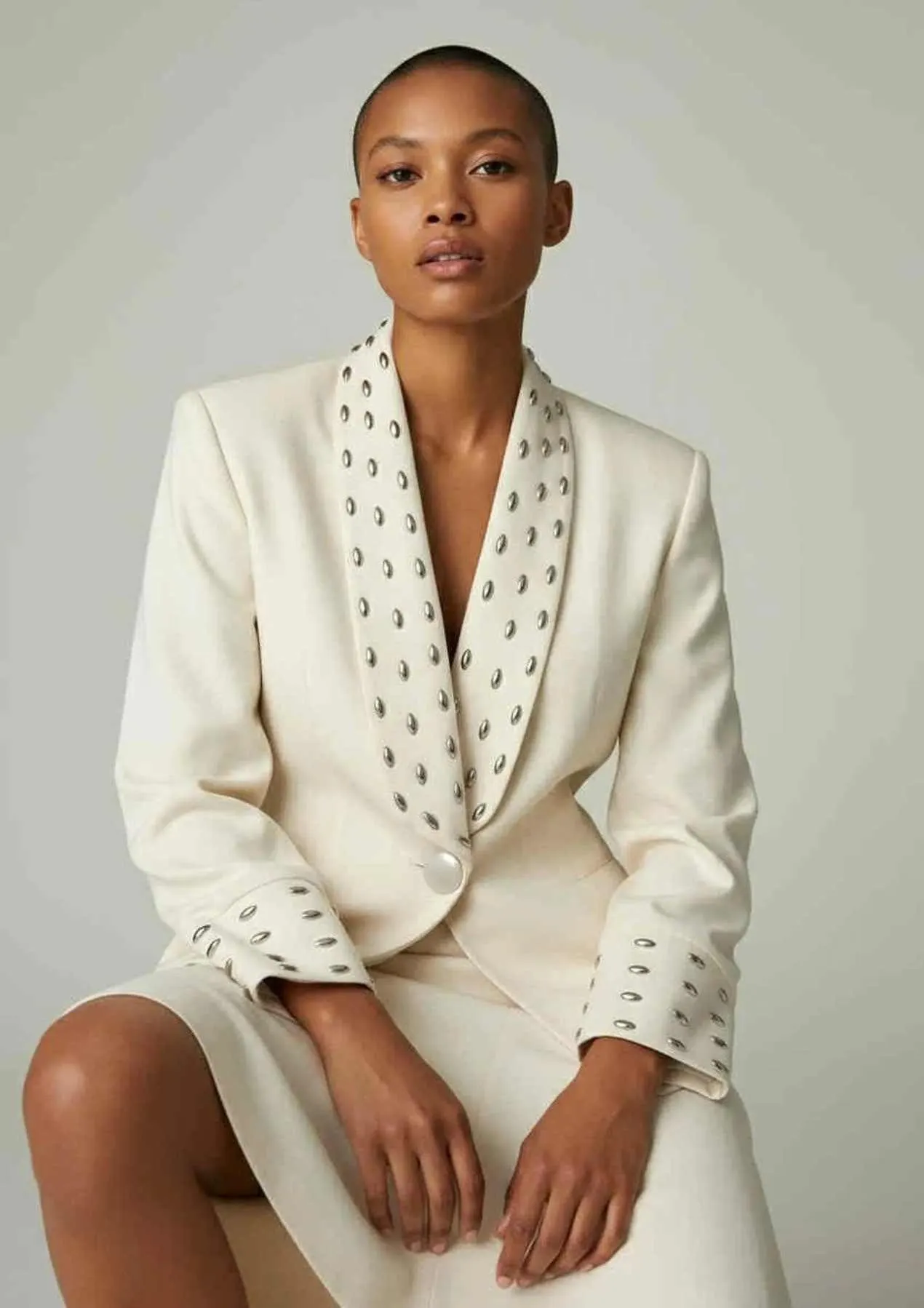 Textured Cream Blazer and Skirt Set with Embellishments Textured Cream Blazer and Skirt Set with Embellishments — Graduation Party Outfits