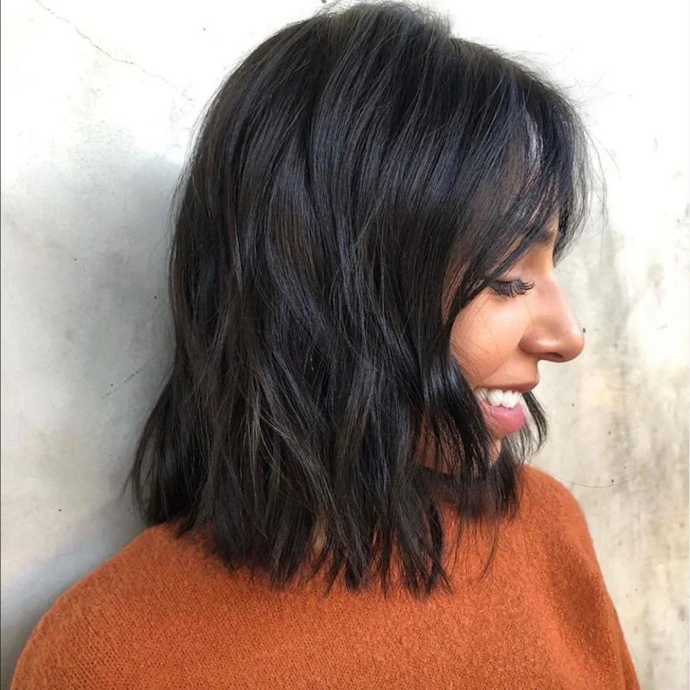 Textured Dark Brown Shag With Full Fringe — Dark Brown Hair