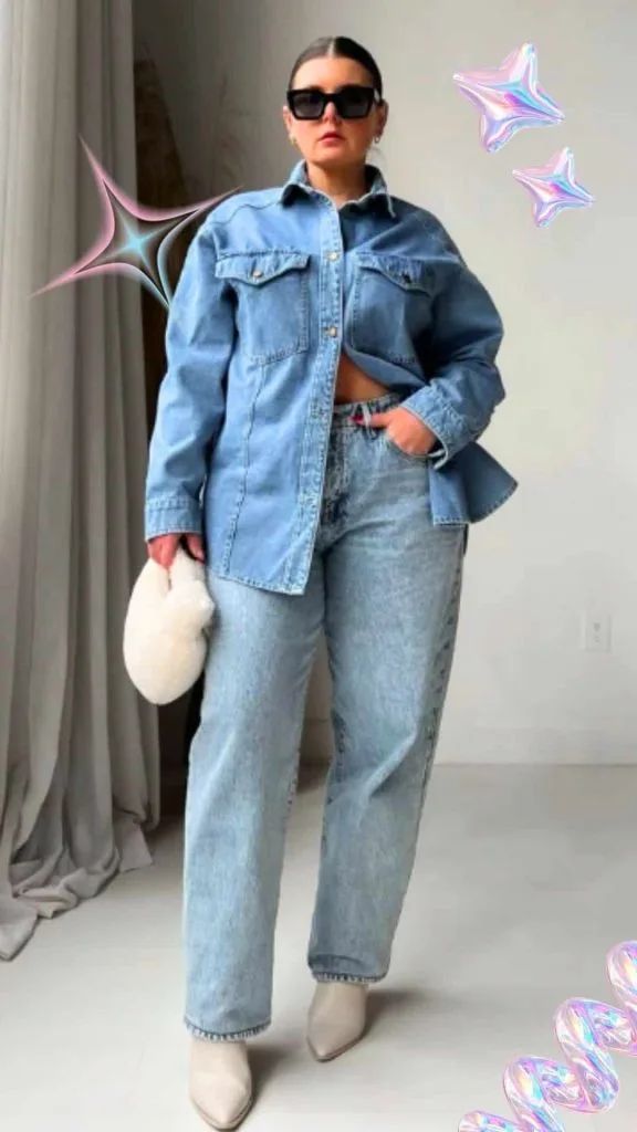 Monochromatic Denim with Oversized Shirt Monochromatic Denim with Oversized Shirt — Denim Shirt Outfits