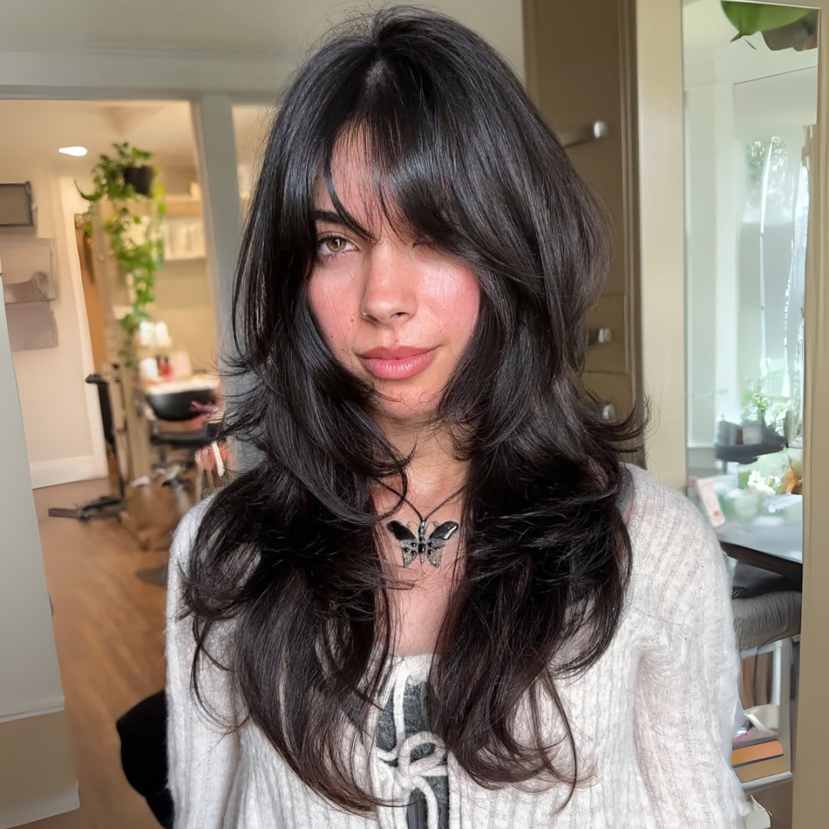 Tousled Dark Brown Shag With Full Bangs — Layered Hair
