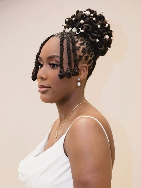 Braided Black Locs with Side Bangs and Pearls — Loc Bun