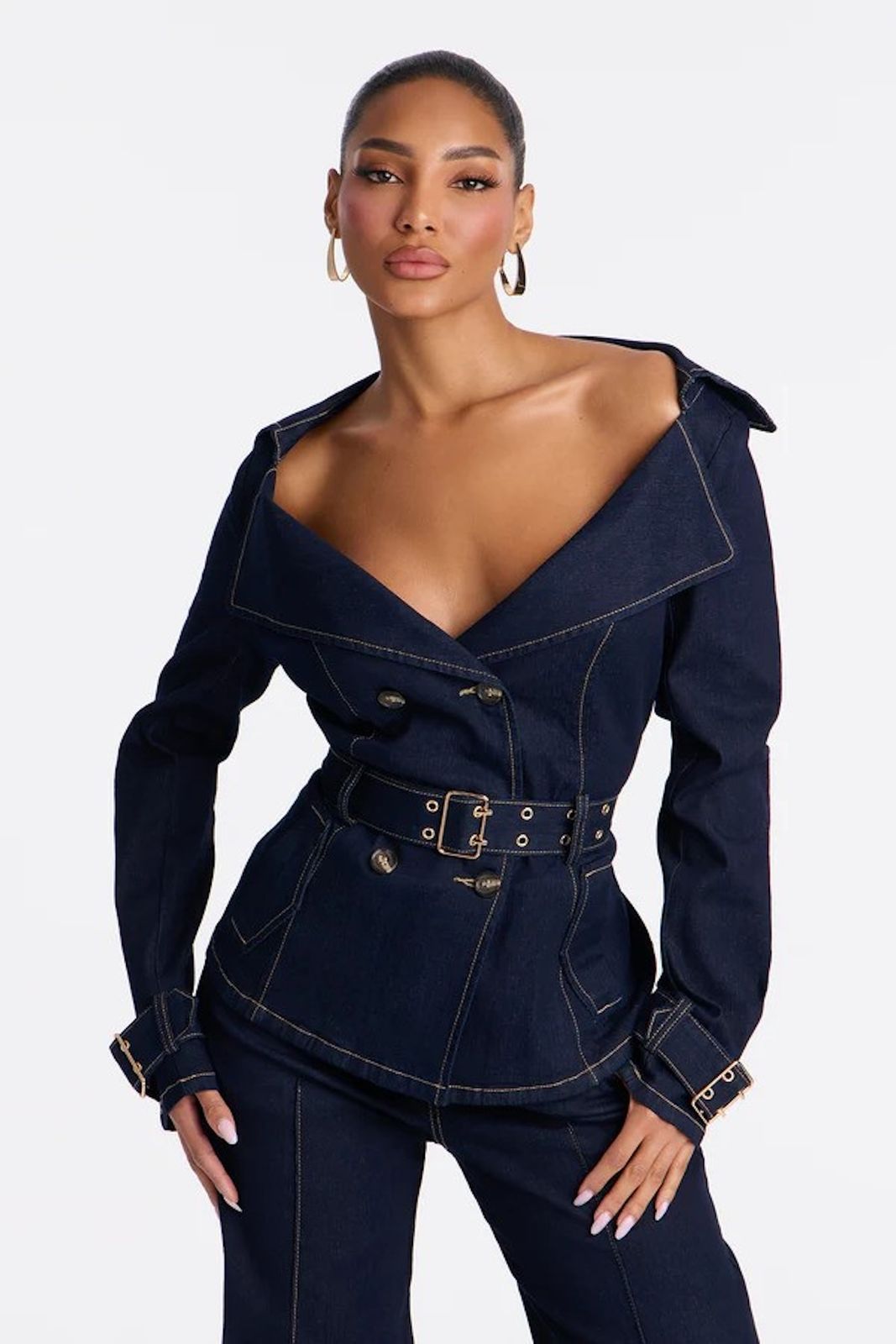 Dark Blue Denim Set with Off-the-Shoulder Jacket — Fashion Nova Outfits