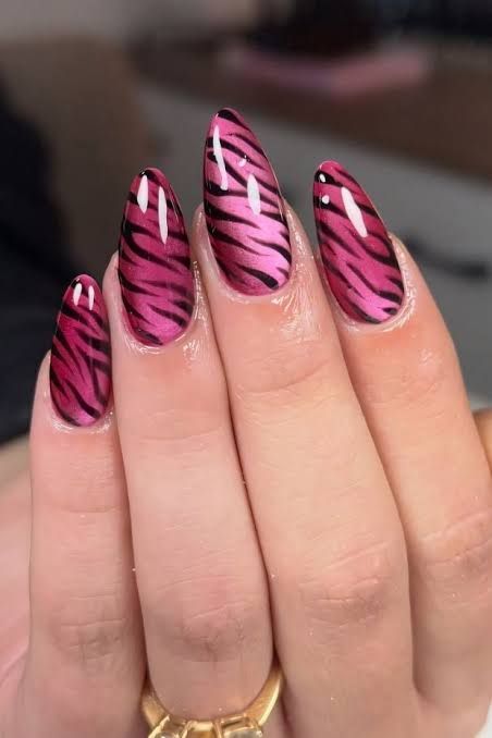 Vibrant Hot Pink Zebra Almond Nails — Zebra Nails