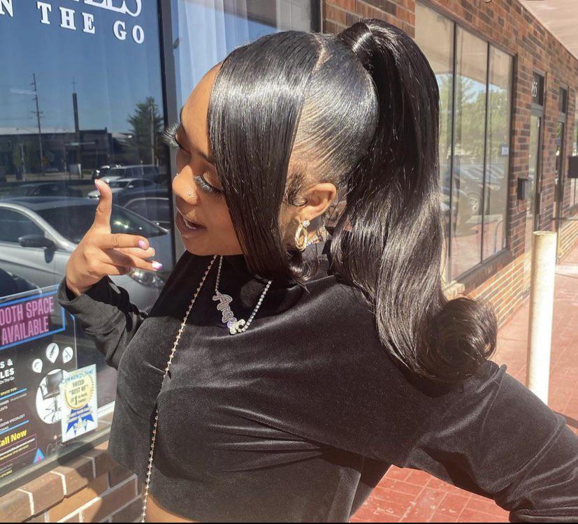 Voluminous Black Ponytail With Side Bangs Voluminous Black Ponytail With Side Bangs — Barbie Ponytail