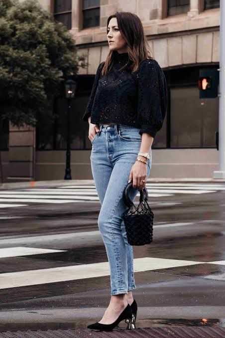 Voluminous Sleeve Eyelet Lace Top with Slim Jeans Voluminous Sleeve Eyelet Lace Top with Slim Jeans — Lace Top Outfits