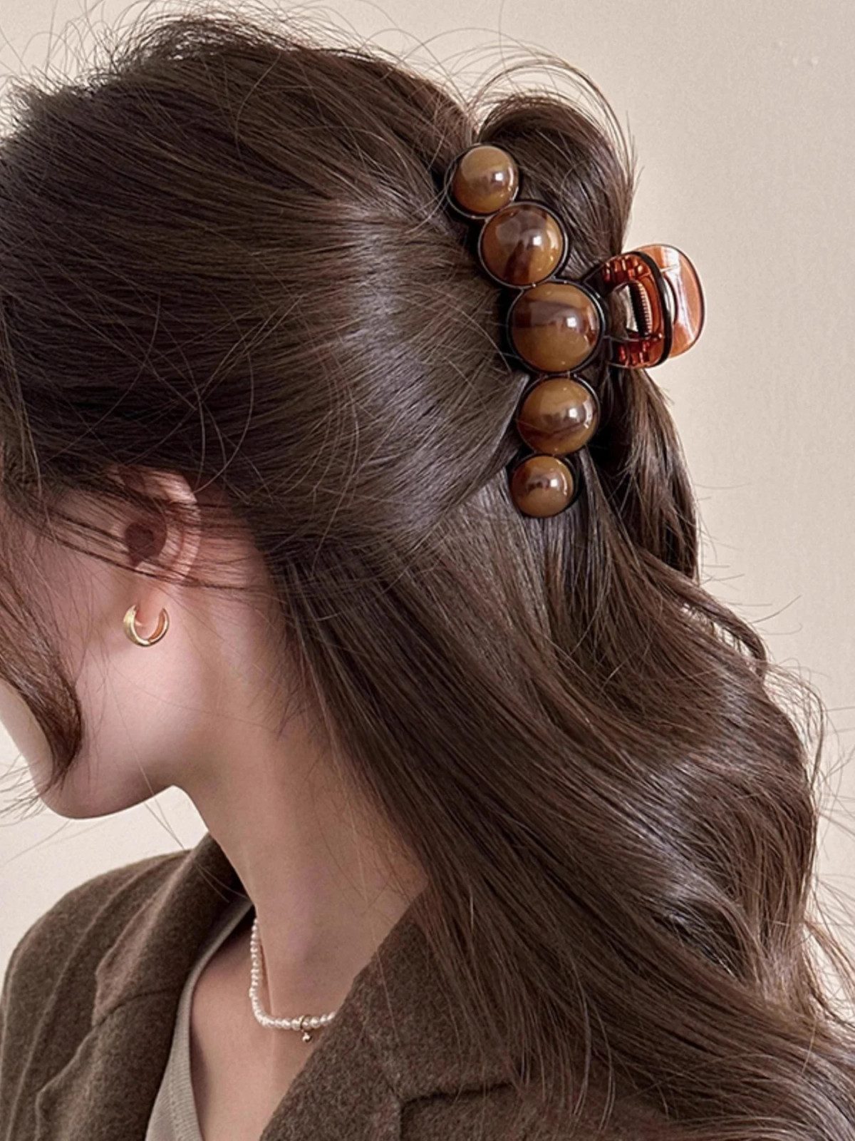 Medium Brown Half-Updo With Beaded Clip Medium Brown Half-Updo With Beaded Clip — Banana Clip Hairstyles