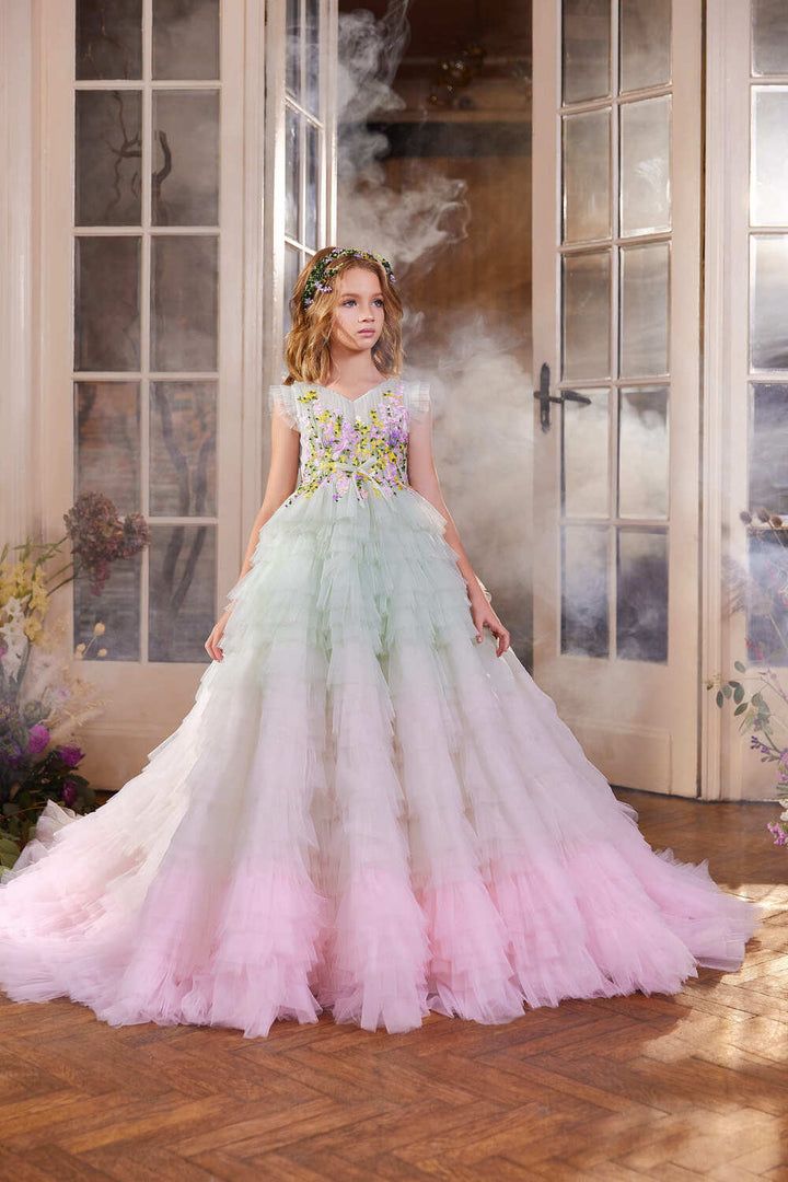 Pastel Green Ballgown with Multi-Tiered Ruffled Skirt Pastel Green Ballgown with Multi-Tiered Ruffled Skirt — Flower Girl Dresses