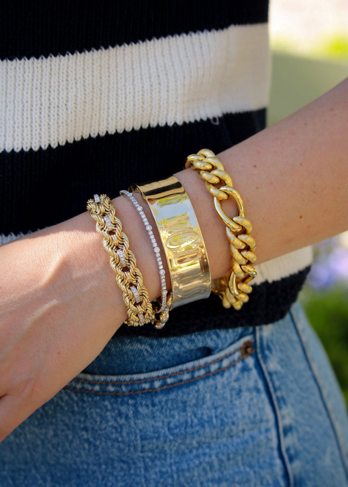 Engraved Gold Cuff with Denim and Knit — Bangle Stacks