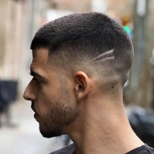 Buzz Cut With Etched Lines Buzz Cut With Etched Lines — High Taper Fade