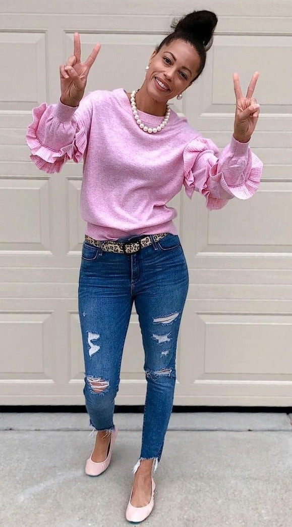 Ruffled Sweater and Distressed Skinny Jeans with Light Pink Ballet Flats — Ballet Flats with Jeans Outfits
