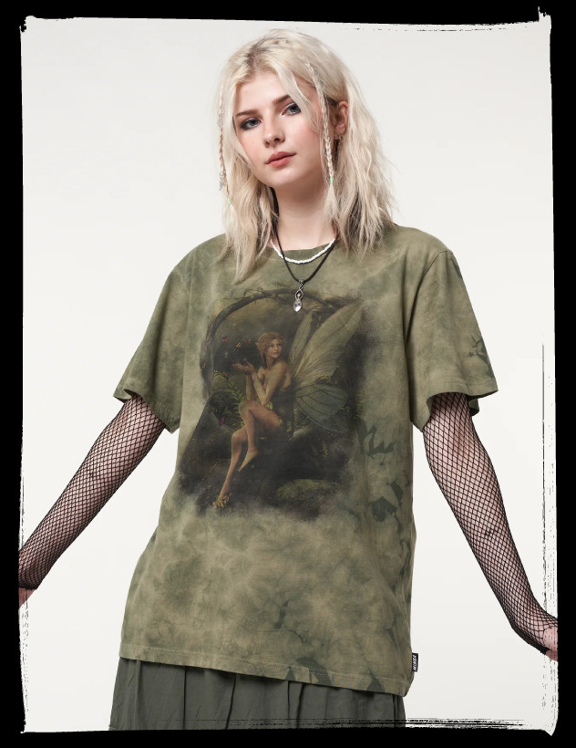 Tie-Dye Fairy Graphic Tee with Fishnet Sleeves for Festival Style Tie-Dye Fairy Graphic Tee with Fishnet Sleeves for Festival Style — Fairy Grunge Outfits