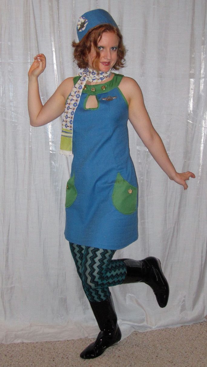 Blue Shift Dress with Green Pockets and Beret for Retro Costume Blue Shift Dress with Green Pockets and Beret for Retro Costume — Hostess Outfits