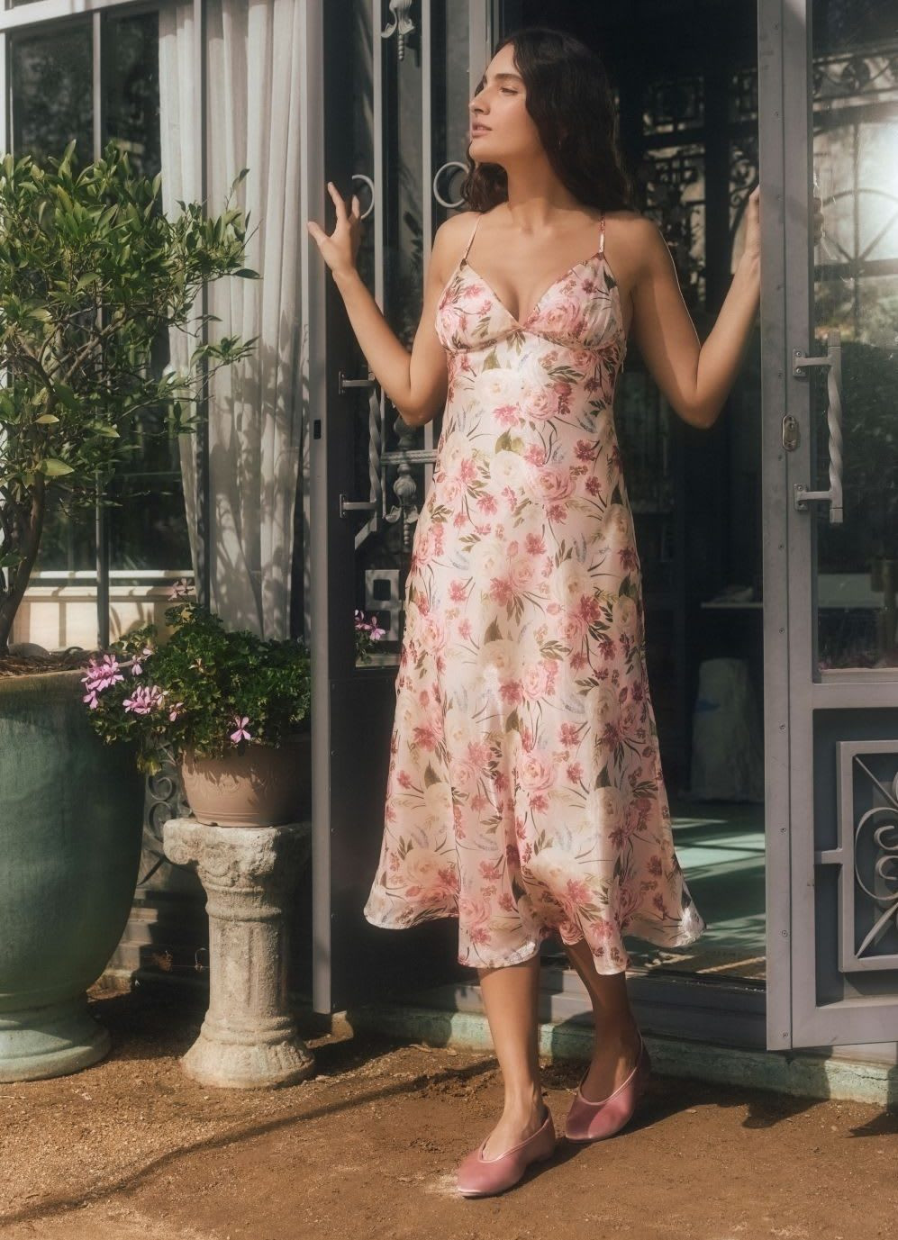 Pale Pink Floral Print Satin Midi Dress — Engagement Party Dresses