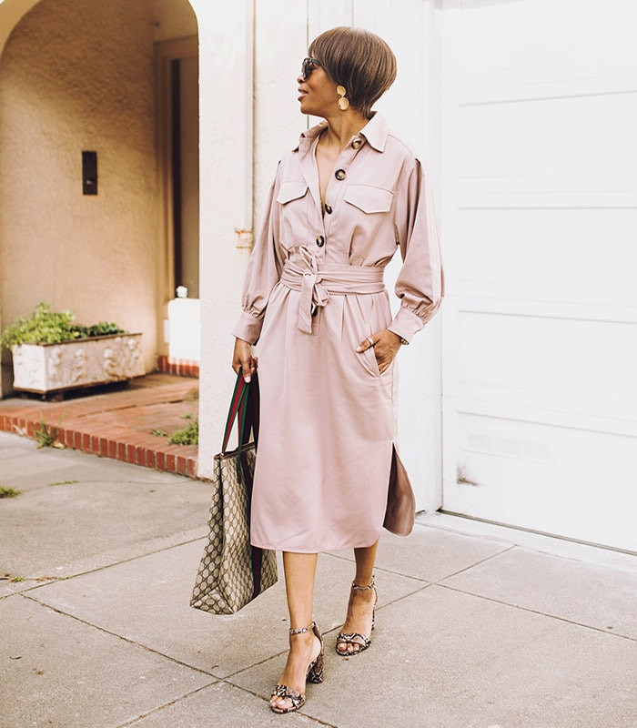 Blush Pink Shirt Dress with Animal Print Heels — Shirt Dress Outfits