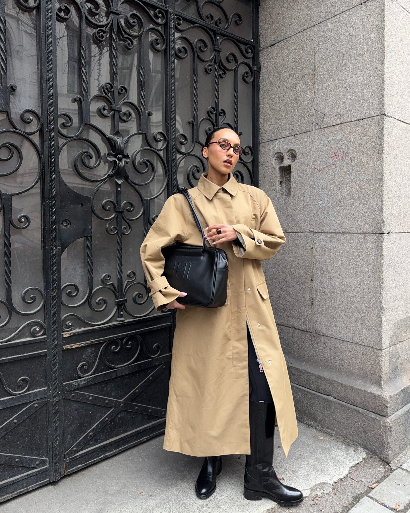Belted Beige Trench Coat with Black Trousers — Trench Coats