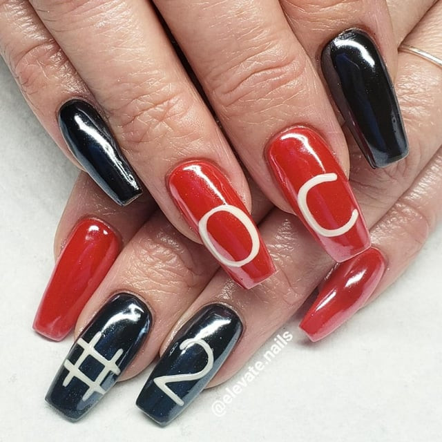 Glossy Red & Black 'OC 26' Nails Glossy Red & Black 'OC 26' Nails — Cheer Mom Nails