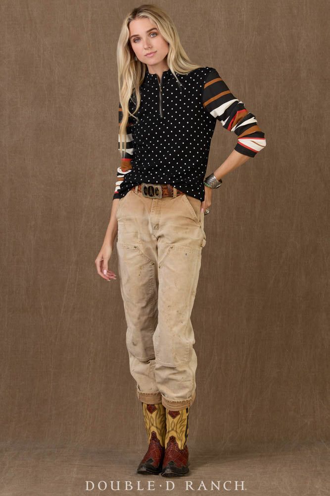 Distressed Work Pants with Striped Top and Cowboy Boots Distressed Work Pants with Striped Top and Cowboy Boots — Texas Outfits