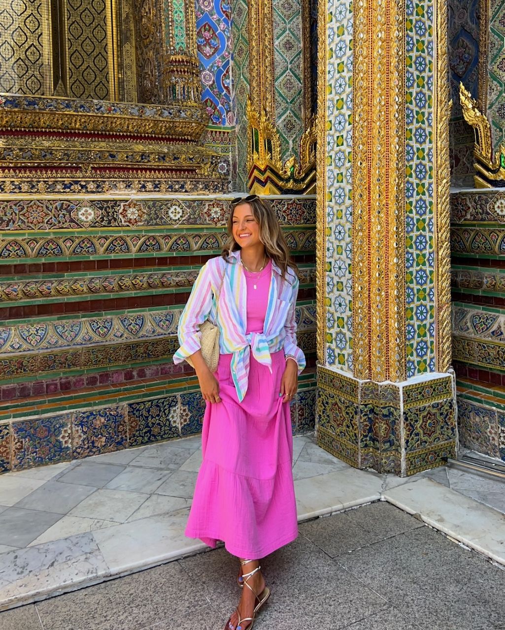 Layered Pink Maxi Dress and Striped Shirt for Sightseeing — Thailand Outfits