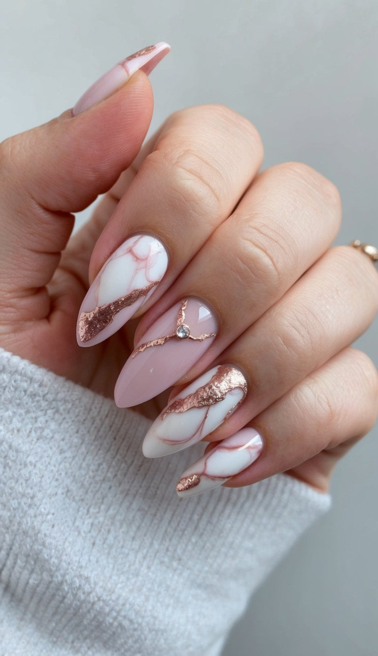 Pale Pink Marble Stiletto with Rose Gold Pale Pink Marble Stiletto with Rose Gold — Bridal Shower Nails
