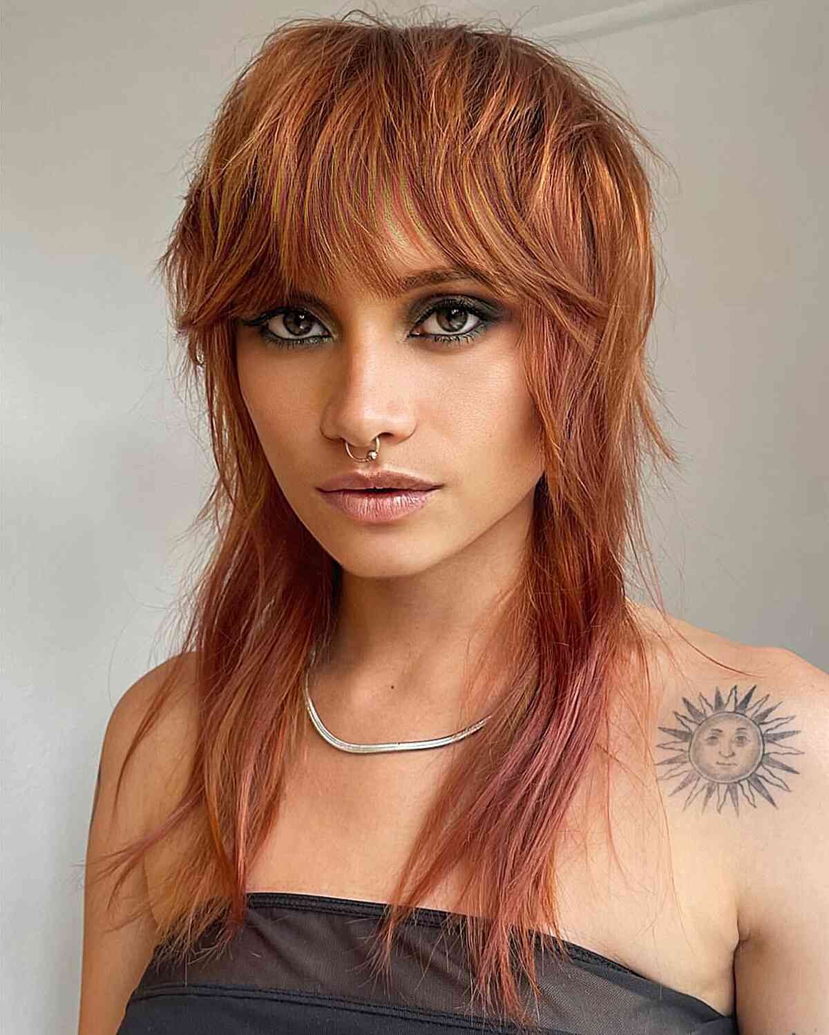 Shag With Blunt Bangs And Ginger Highlights Shag With Blunt Bangs And Ginger Highlights — Tangerine Hair