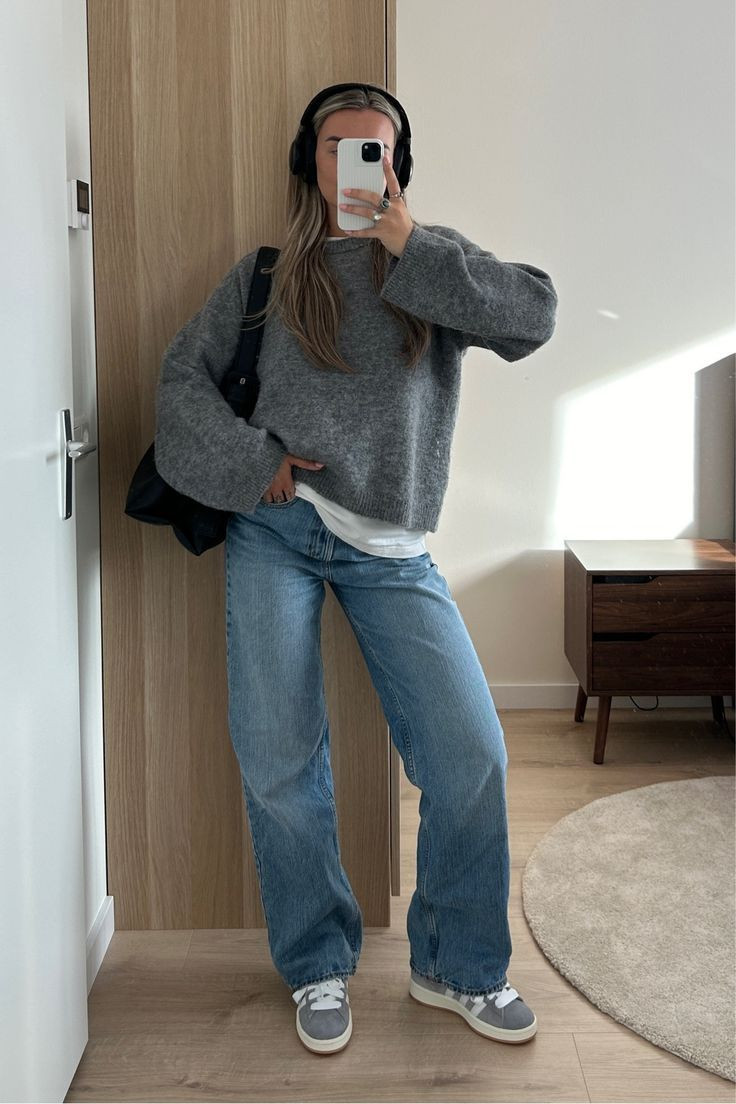 Relaxed Comfort: Grey Adidas Campus with Knit Sweater and Jeans Relaxed Comfort: Grey Adidas Campus with Knit Sweater and Jeans — Adidas Campus Outfits