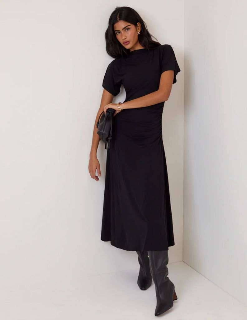 Ruched Midi Dress with Knee-High Boots — Funeral Dresses