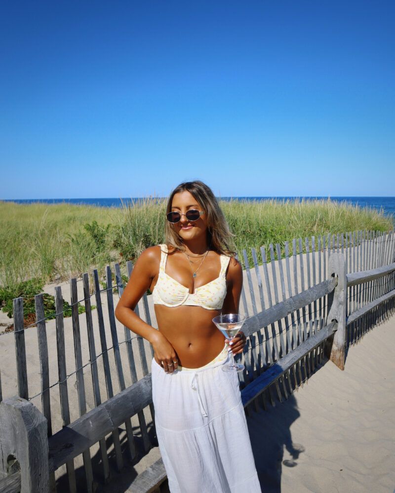 Yellow Floral Bikini Top with White Maxi Skirt on the Beach — Nantucket Outfits