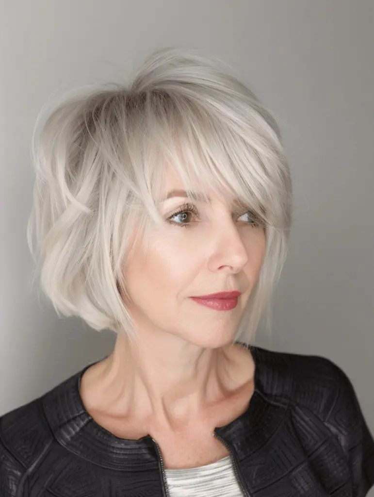 Edgy Shaggy Platinum Bob With Choppy Fringe Edgy Shaggy Platinum Bob With Choppy Fringe — Bob for Women Over 50