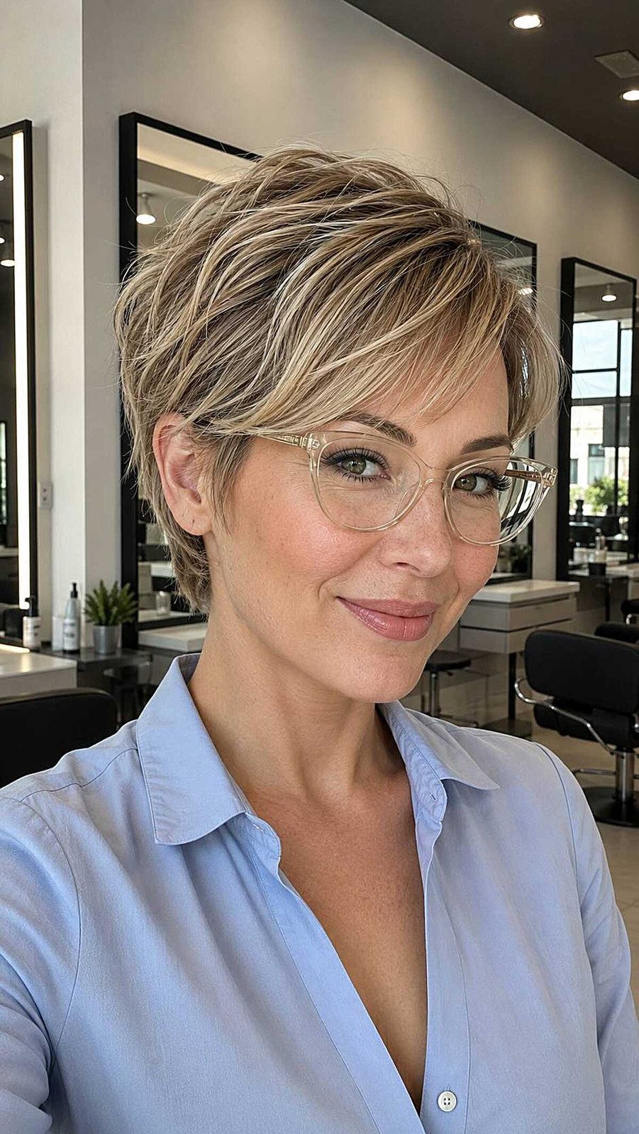 Textured Pixie With Side Swept Bangs Textured Pixie With Side Swept Bangs — Pixie with Glasses