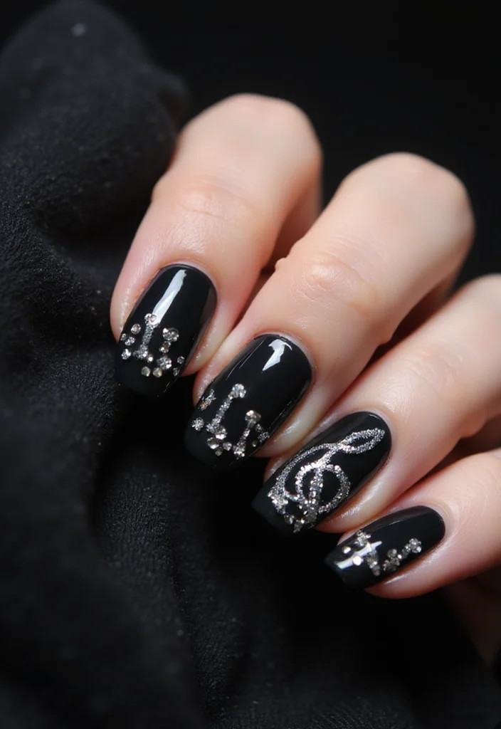 Black Glossy Music Notes Short Square Nails Black Glossy Music Notes Short Square Nails — Dance Nails