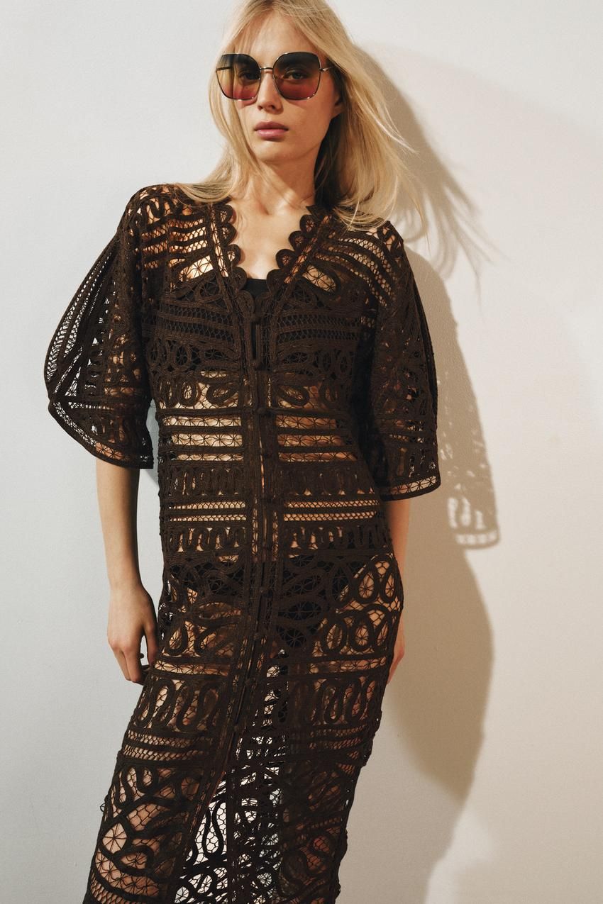 Sheer Brown Crochet Lace Dress with Visible Undergarment Sheer Brown Crochet Lace Dress with Visible Undergarment — Crochet Dresses