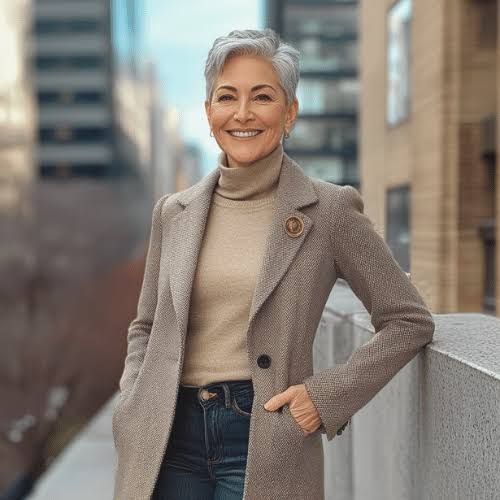 Timeless Sophistication: Textured Wool Coat Over a Turtleneck — Grandma Outfits