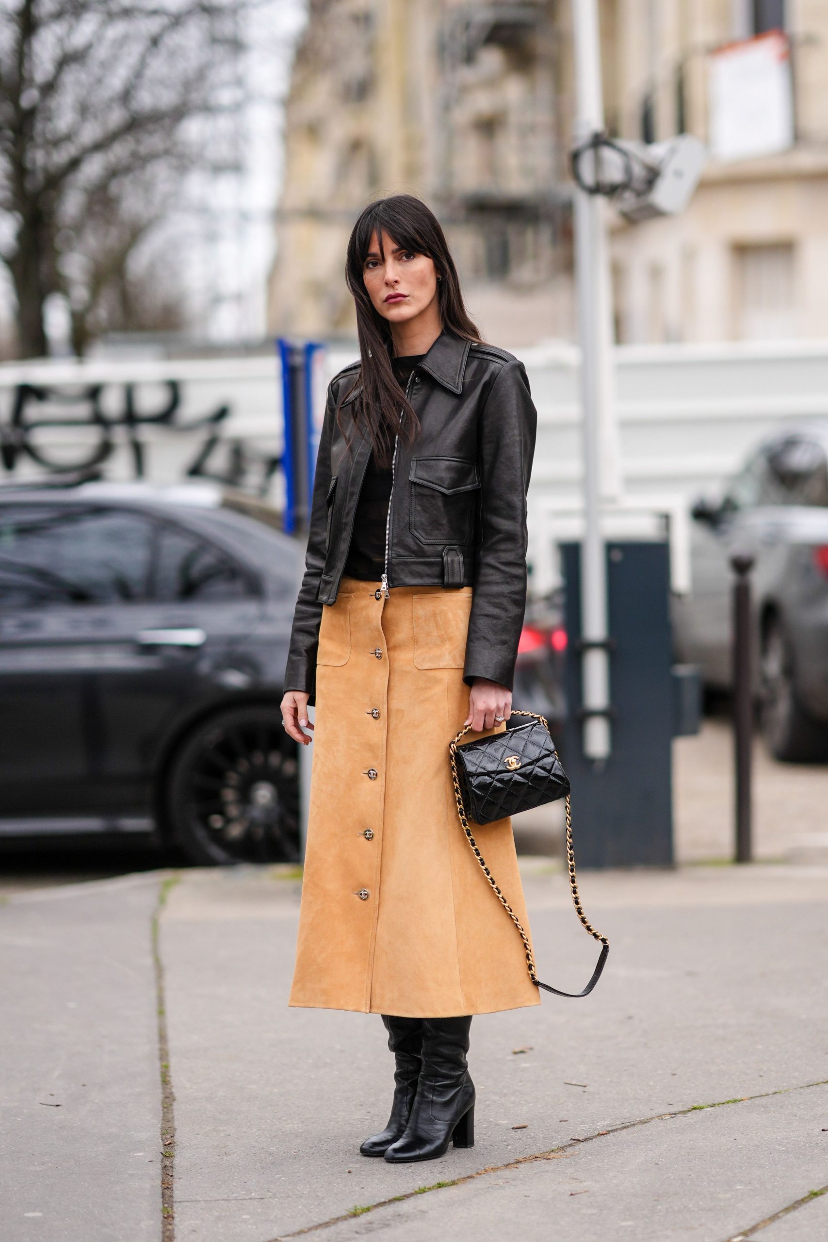 Tan Suede Midi Skirt with Cropped Leather Jacket for Street Style — Skirt Outfits