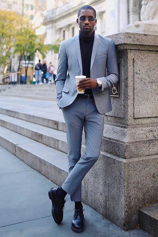 Sharp Business Casual: Grey Suit and Black Turtleneck Sharp Business Casual: Grey Suit and Black Turtleneck — Outfits for Men Over 40