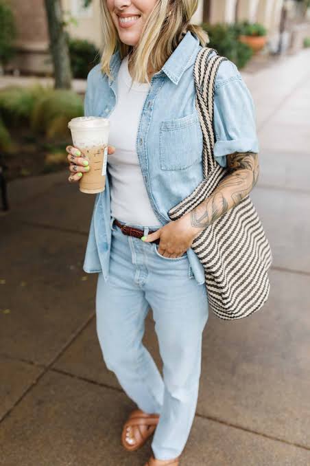 Denim-on-Denim with a White Tee and Brown Accessories — Denim Outfits