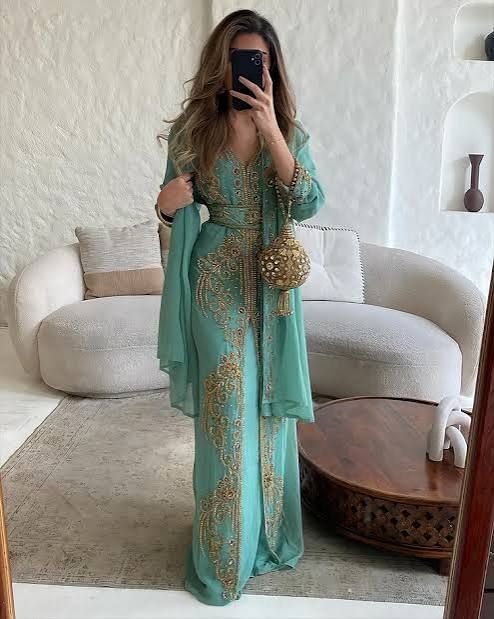 Teal Kaftan with Gold Embroidery for Evening Elegance Teal Kaftan with Gold Embroidery for Evening Elegance — Morocco Outfits
