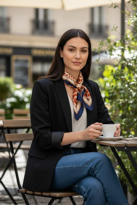 Patterned Silk Scarf with Blazer and Jeans — Silk Scarf Outfits