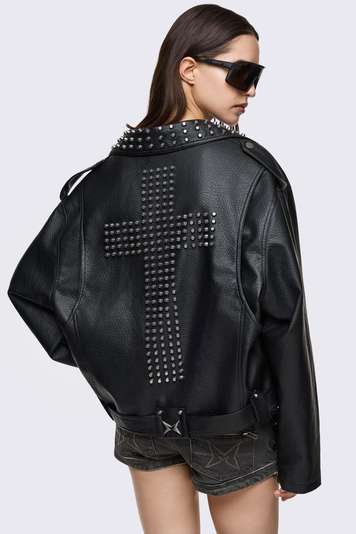 Studded Leather Biker Jacket with Distressed Shorts — Indie Sleaze Outfits