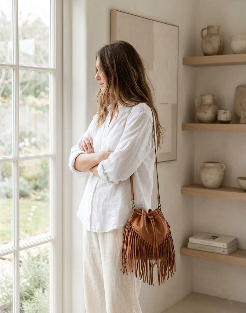 Relaxed Summer Vibes: Tan Bucket Bag with Linen Separates — Bucket Bag Outfits