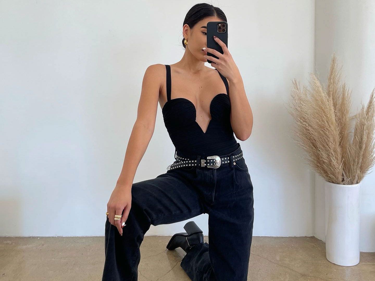 Deep V-Neck Bodysuit with Straight-Leg Jeans — Outfits for Long Torso