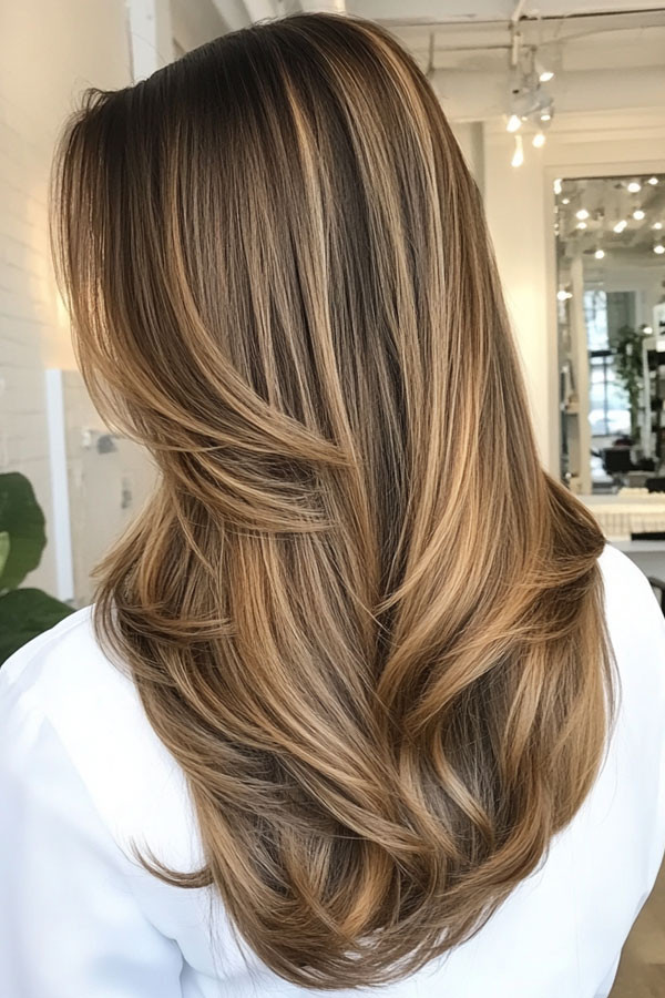 Mid-Back Layers with Caramel and Honey Highlights Mid-Back Layers with Caramel and Honey Highlights — Light Brown Highlights