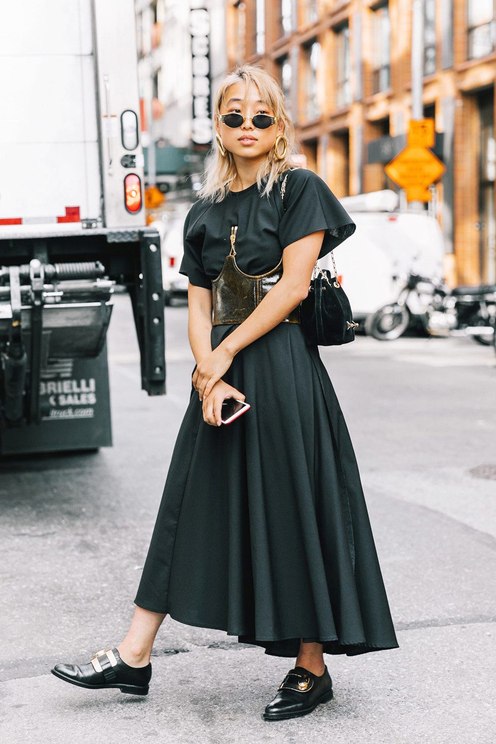 Sheer Mini Dress with Opaque Tights, Long Coat and Loafers — Loafers with Dress Outfits