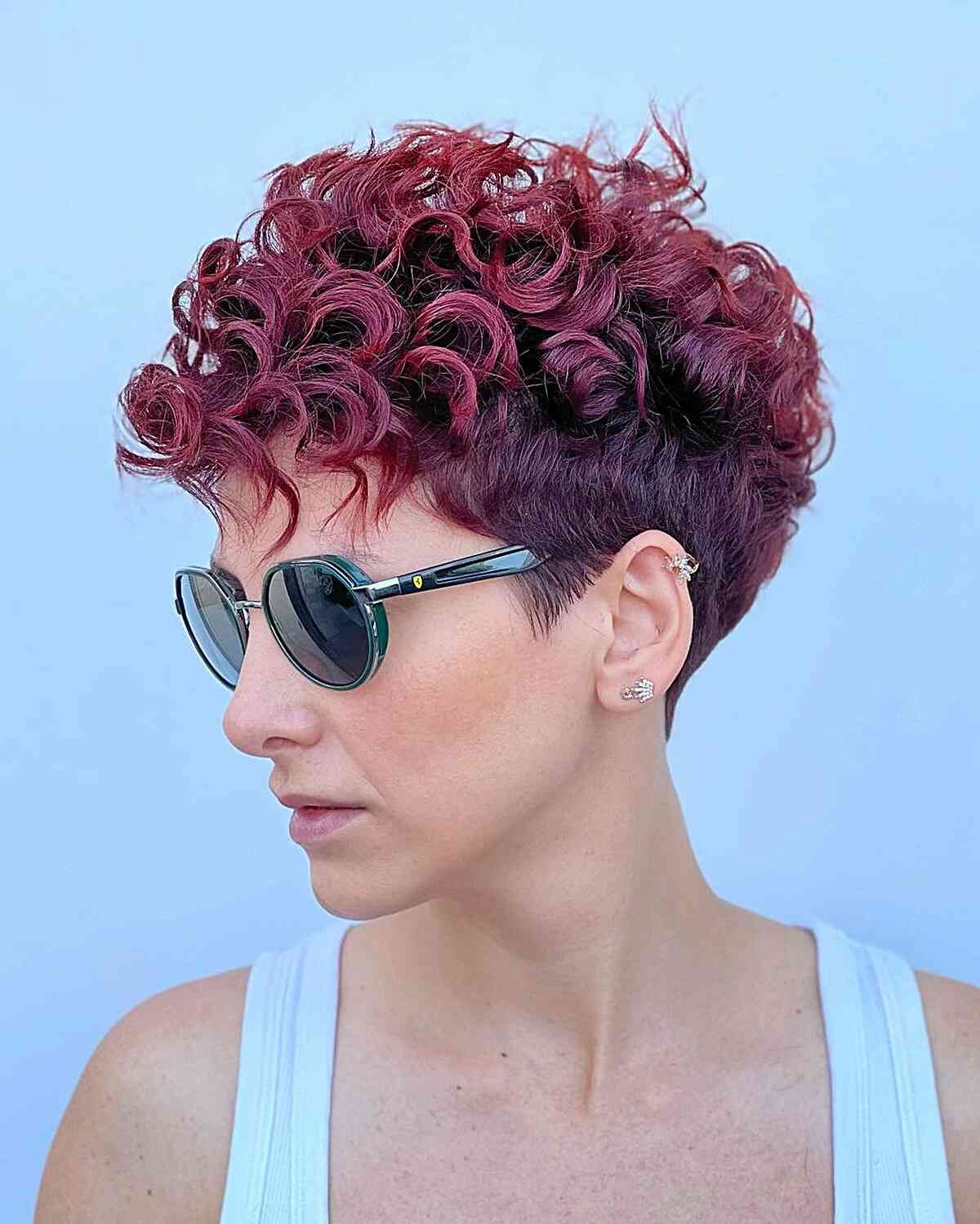 Vibrant Red Curly Pixie with Side Bangs — Short Curly Haircuts