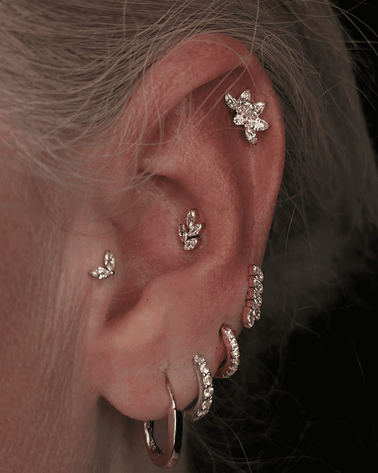 Floral Cartilage Stud and Leaf Studs in Silver Floral Cartilage Stud and Leaf Studs in Silver — Ear Stack Ideas