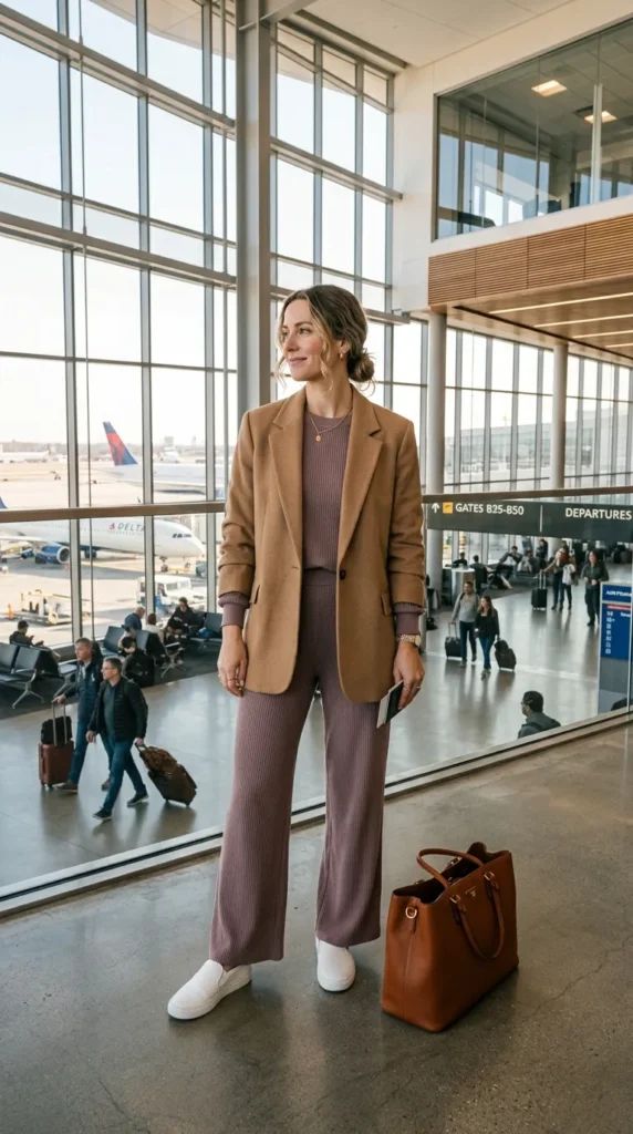 Mauve Knit Set with Camel Blazer — Long Flight Outfits