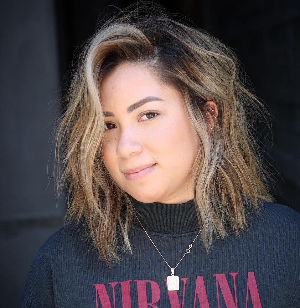 Layered Lob With Curtain Bangs — Hairstyles for Double Chin