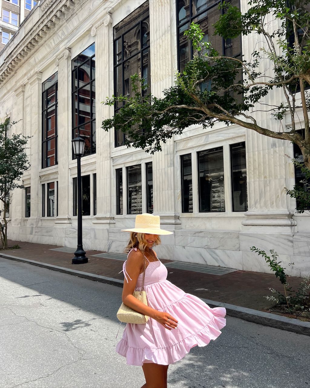 Pale Pink Tiered Mini Dress with Wide-Brimmed Hat Pale Pink Tiered Mini Dress with Wide-Brimmed Hat — Savannah Outfits