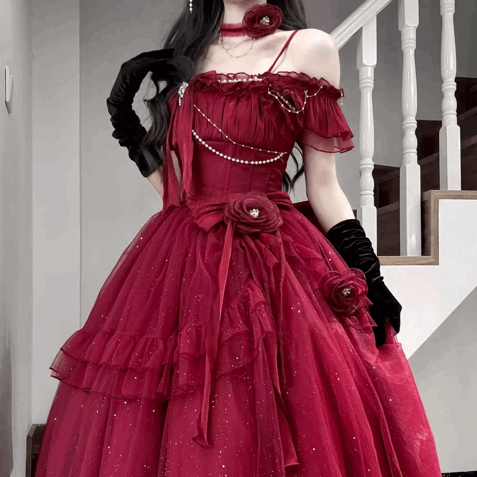 Red Ruffled Off-Shoulder Dress with Floral Appliqués — Royalcore Outfits