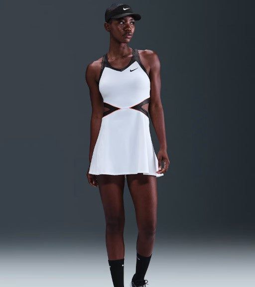 Black Athletic Socks And Shoes White Tennis Dress with Black and Grey Accents and Cutouts — Tennis Dresses